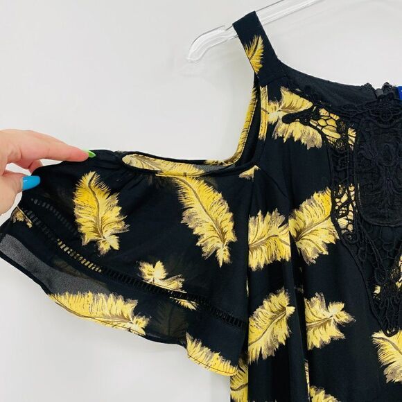 Disney Beauty and the Beast Large Black & Gold Feather Cold Shoulder Mini Dress - Picture 5 of 10